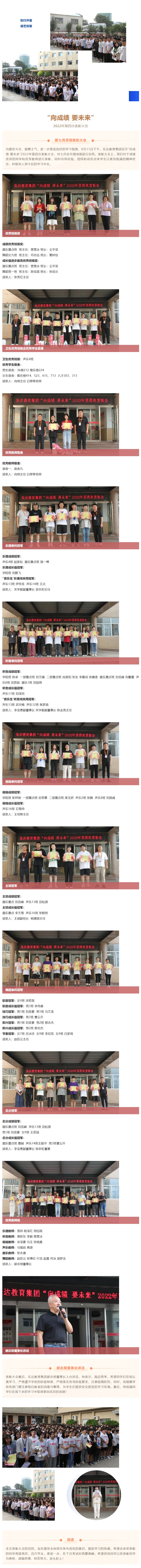 暨七月月測(cè)表彰大會(huì) 為激發(fā)斗志，鼓舞士氣，進(jìn)一步營(yíng)造良好的學(xué)習(xí)氛圍，8月11日下午，樂(lè)達(dá)教育集團(tuán)召開(kāi)“向成績(jī) 要未來(lái)”2022年第四次表彰大會(huì)，對(duì)七月份月測(cè)成績(jī)進(jìn)行總結(jié)。表彰大會(huì)上，我們對(duì)于成績(jī)優(yōu)異的同學(xué)和優(yōu)秀教師進(jìn)行表彰，同時(shí)總結(jié)經(jīng)驗(yàn)，團(tuán)結(jié)和動(dòng)員全體學(xué)生以更加飽滿的精神狀態(tài)，積極投入到今后的學(xué)習(xí)中去。 圖片 優(yōu)秀班級(jí)獎(jiǎng) 成績(jī)優(yōu)秀班級(jí)獎(jiǎng)： 器樂(lè)重點(diǎn)班 班主任：賈雪冰 班長(zhǎng)：仝宇澤 舞蹈女九班 班主任：司志遠(yuǎn) 班長(zhǎng)：葛林怡 成長(zhǎng)值進(jìn)步最高優(yōu)秀班級(jí)獎(jiǎng)： 器樂(lè)重點(diǎn)班 班主任：賈雪冰 班長(zhǎng)